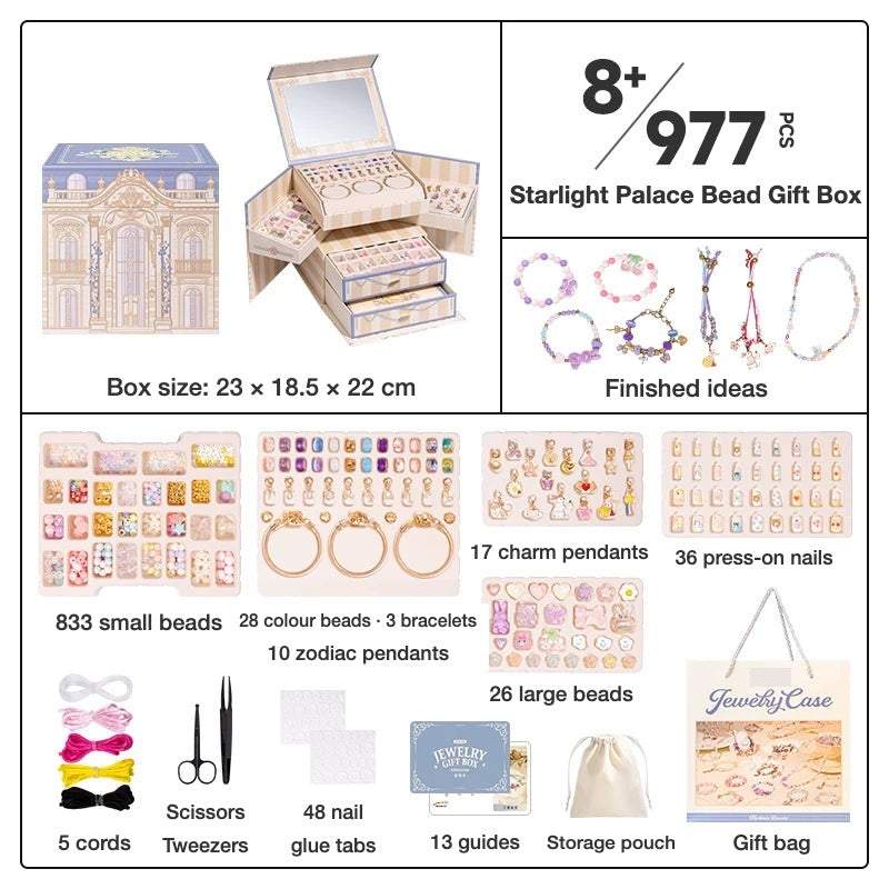 What's in the box: 977-piece bracelet making kit with 833 small beads, charms, zodiac pendants, 3 bracelets, press-on nails, cords and tools