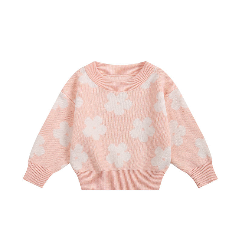 Cotton Knitted Jumper for Girls - Flower Stitch Pull On Top, 18 Months to 6 Years