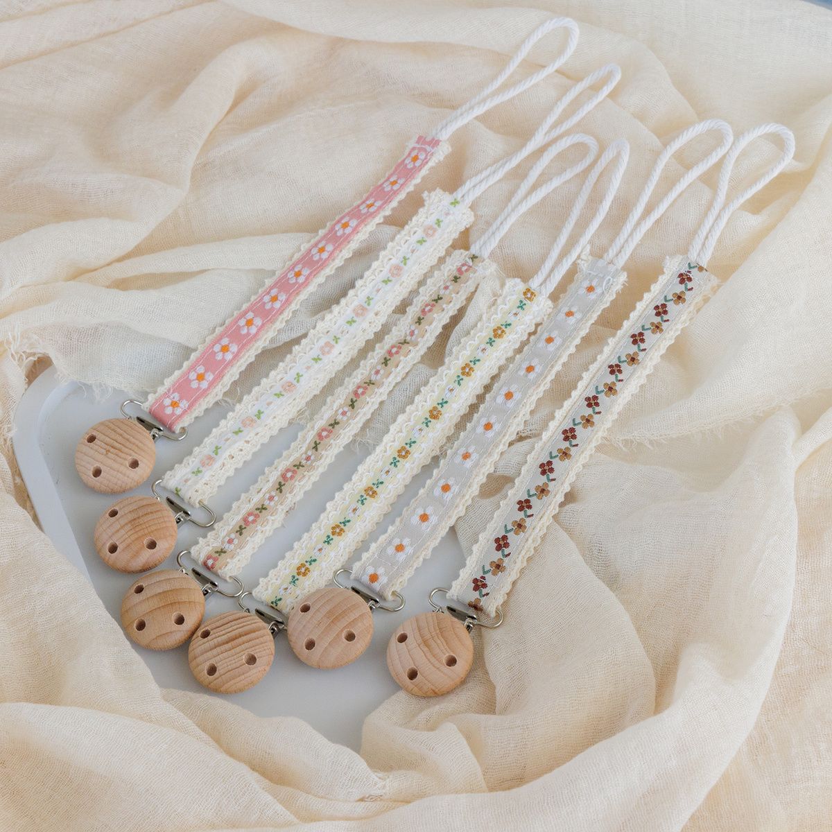 Floral Ribbon Dummy Clip – Lace Edge Soother Holder with Beech Wood Clip | 28.5 cm | 7 Designs