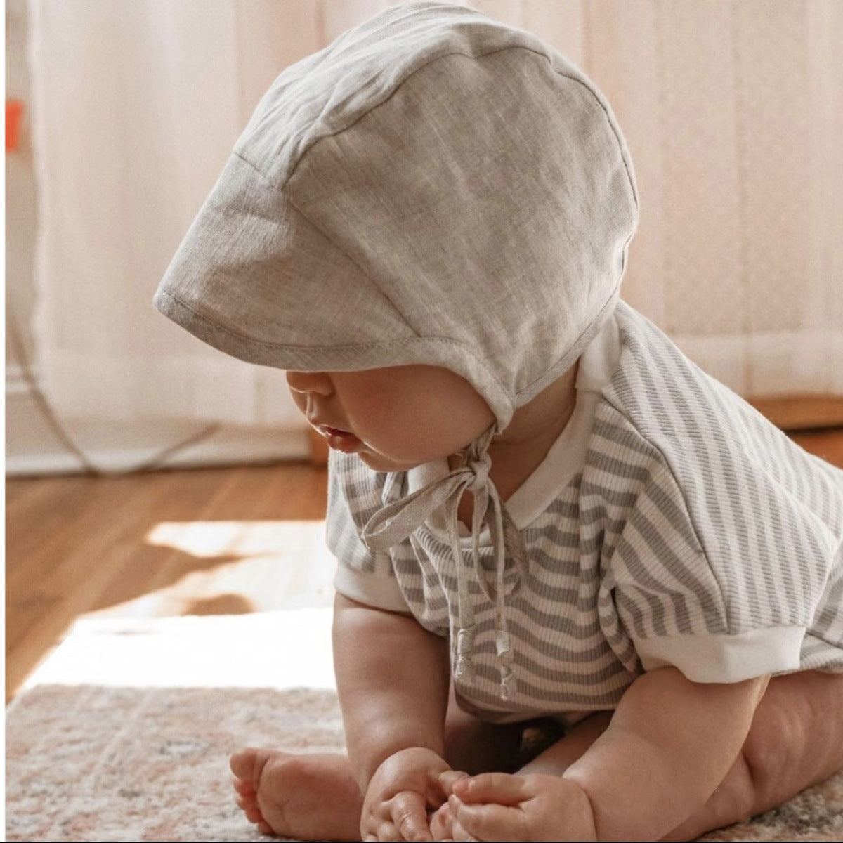 Baby Bonnet with Brim - Linen Blend Tie-Up Sun Hat, One Size
