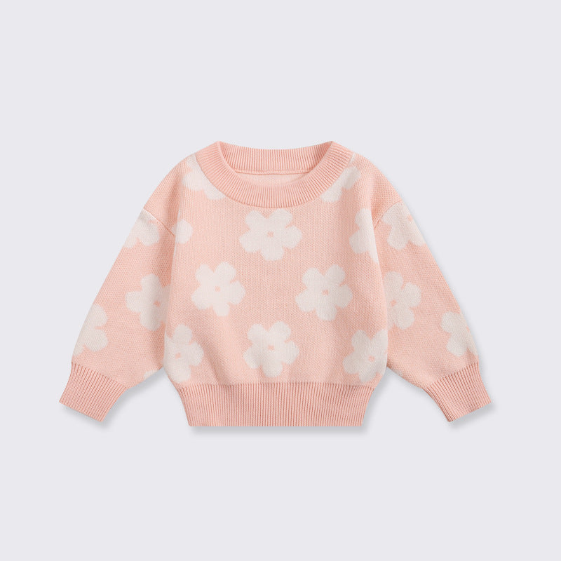 Cotton Knitted Jumper for Girls - Flower Stitch Pull On Top, 18 Months to 6 Years