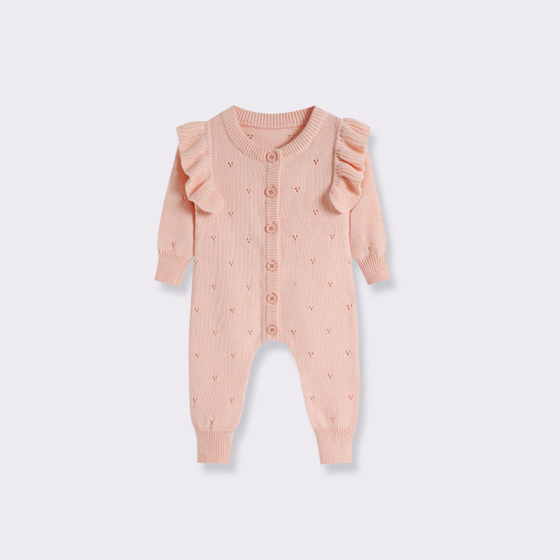 Fine Knit Baby Romper - Pink Pointelle Button Front All-in-One with Frill Shoulders, 0 Months to 3 Years