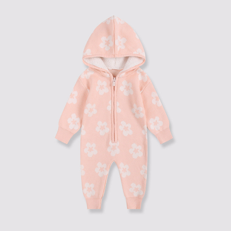 Hooded Knitted Baby All-in-One - Sherpa Lined Zip Up Romper with Ears, 0 to 24 Months