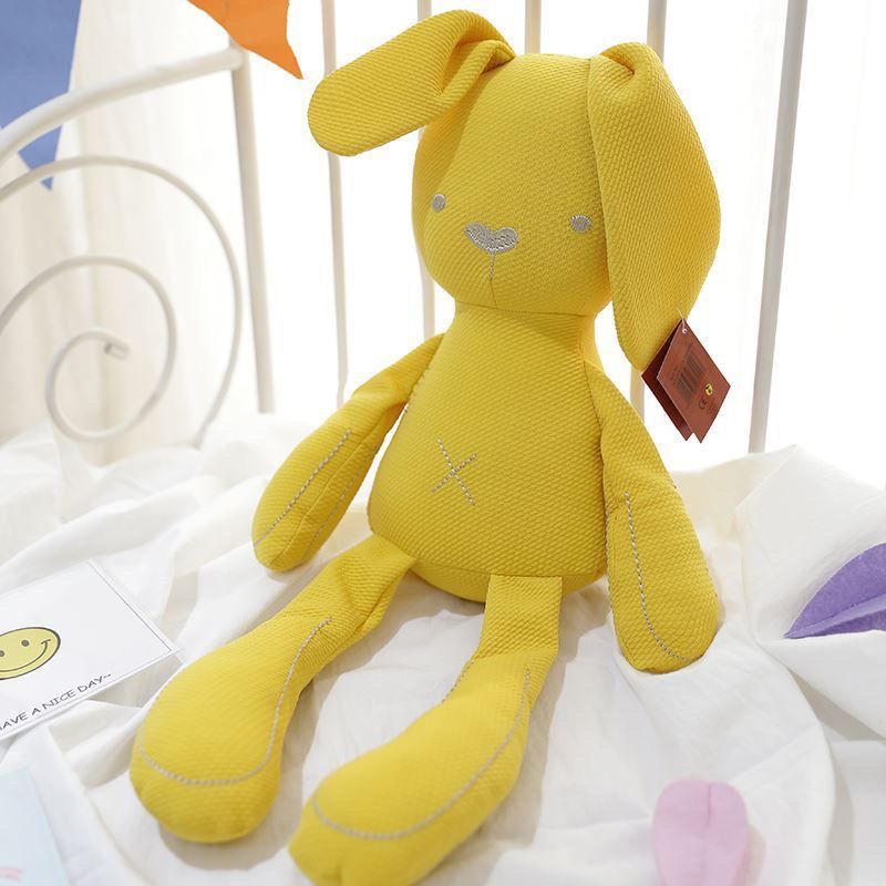Long-limbed fabric bunny comforter doll with floppy ears and X-shaped tummy stitch – Yellow, 50cm