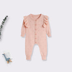 Fine Knit Baby Romper - Pink Pointelle Button Front All-in-One with Frill Shoulders, 0 Months to 3 Years