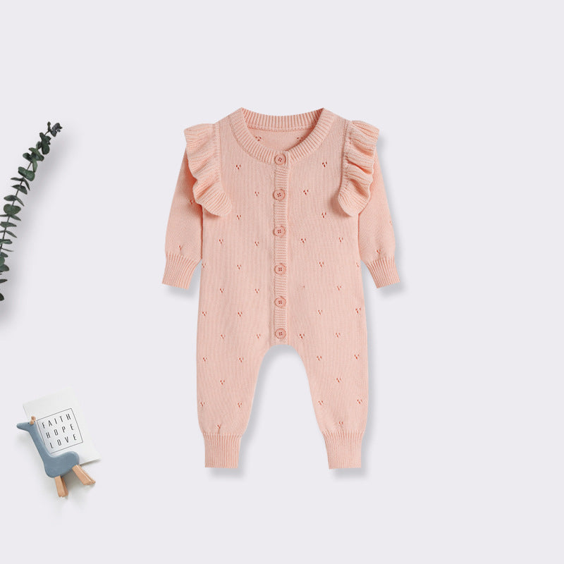 Fine Knit Baby Romper - Pink Pointelle Button Front All-in-One with Frill Shoulders, 0 Months to 3 Years