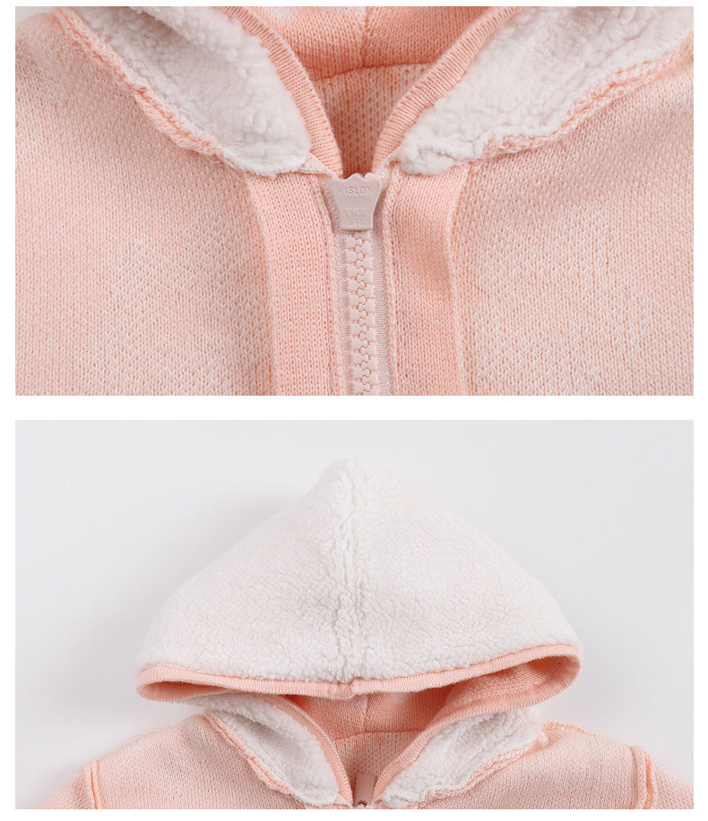 Hooded Knitted Baby All-in-One - Sherpa Lined Zip Up Romper with Ears, 0 to 24 Months