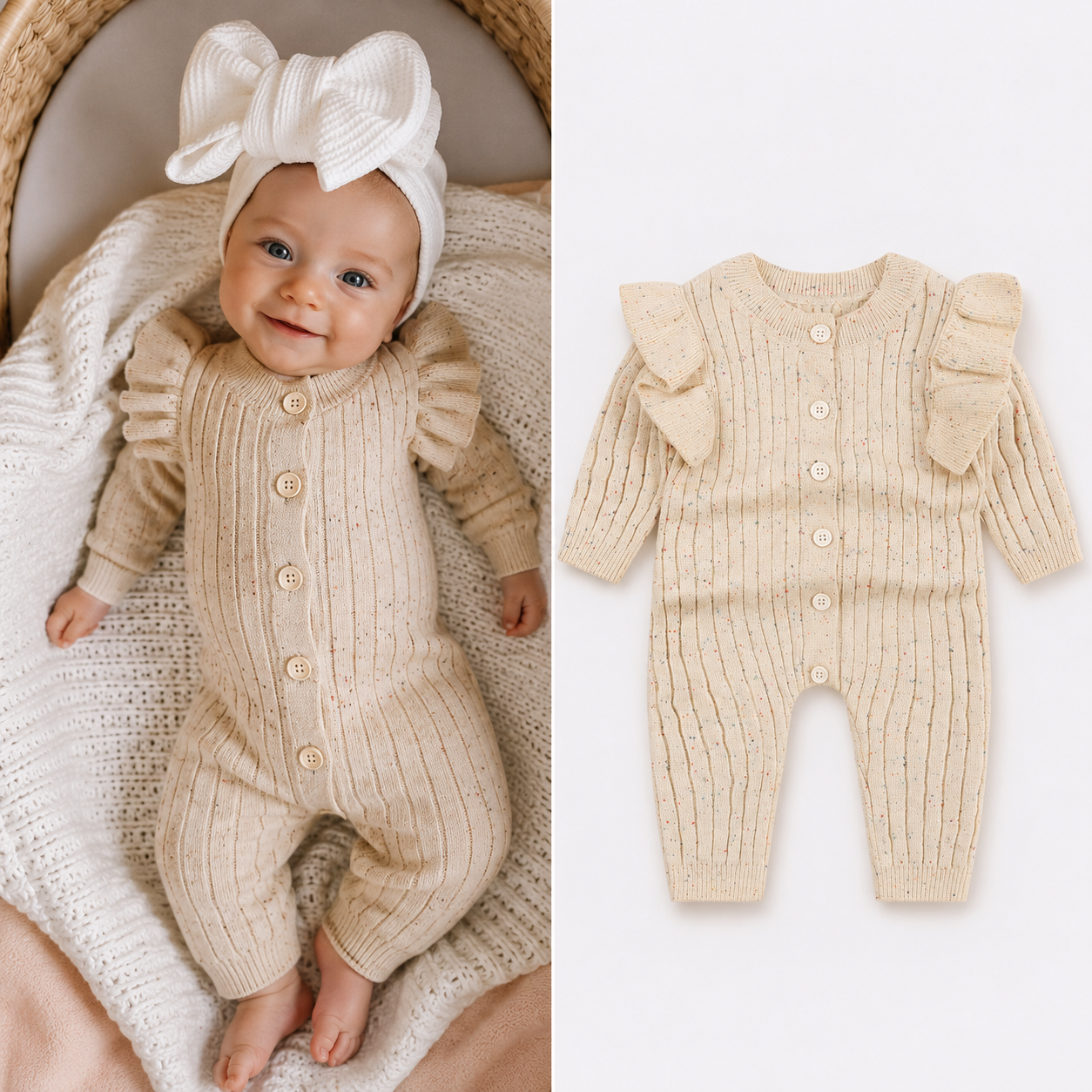 Knitted Baby All-in-One - Flecked Cotton Pull On Romper, 0 to 24 Months