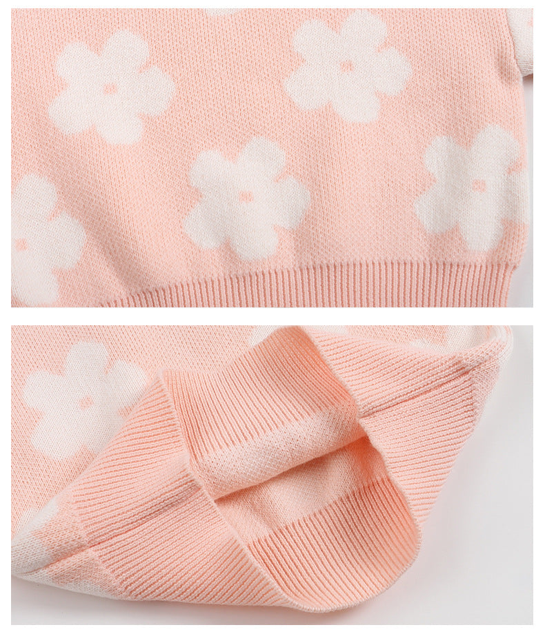 Cotton Knitted Jumper for Girls - Flower Stitch Pull On Top, 18 Months to 6 Years