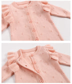 Fine Knit Baby Romper - Pink Pointelle Button Front All-in-One with Frill Shoulders, 0 Months to 3 Years