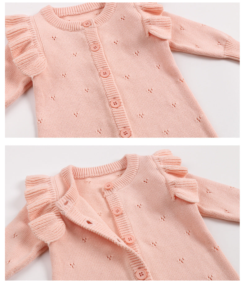 Fine Knit Baby Romper - Pink Pointelle Button Front All-in-One with Frill Shoulders, 0 Months to 3 Years