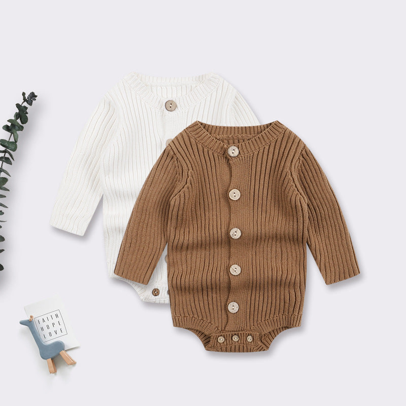 Knitted Baby Bodysuit - Long Sleeve Short Leg Cotton Romper, 0 to 24 Months