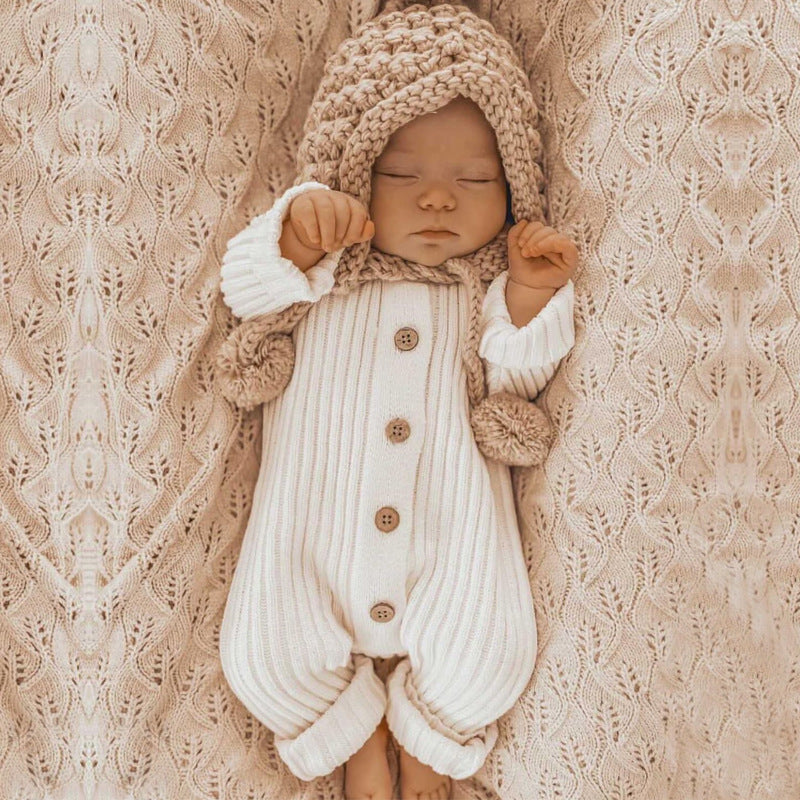 Ribbed Knit Baby All-in-One - Cream Cotton Blend Button Front Romper, 0 to 24 Months