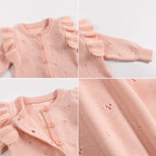Fine Knit Baby Romper - Pink Pointelle Button Front All-in-One with Frill Shoulders, 0 Months to 3 Years