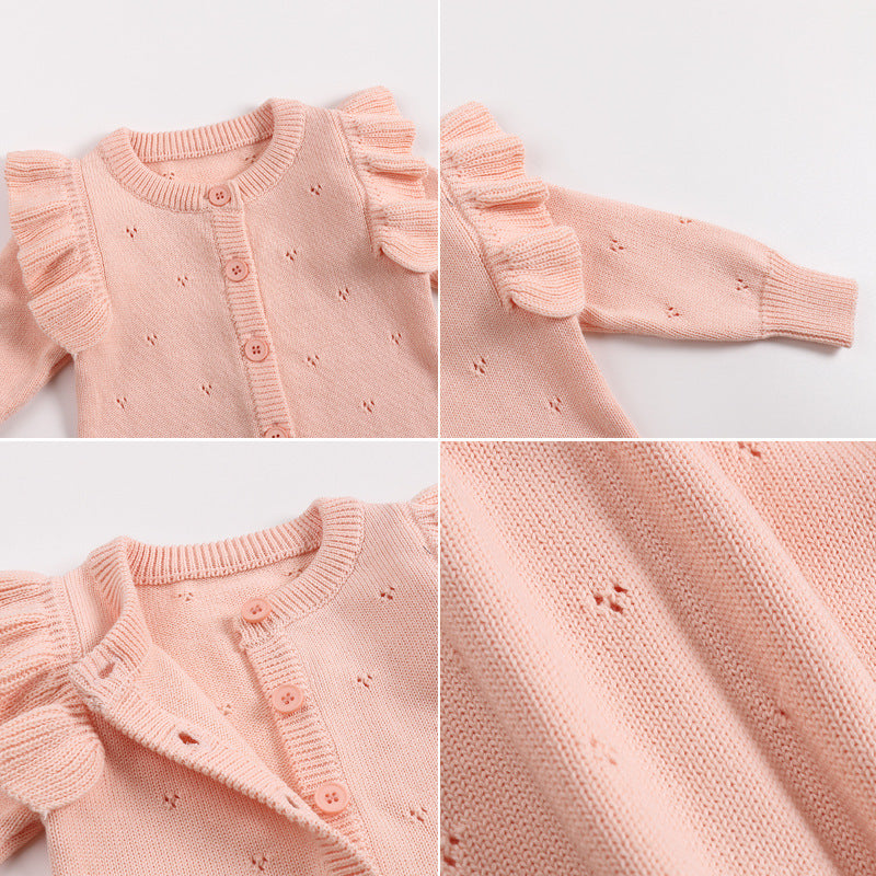 Fine Knit Baby Romper - Pink Pointelle Button Front All-in-One with Frill Shoulders, 0 Months to 3 Years