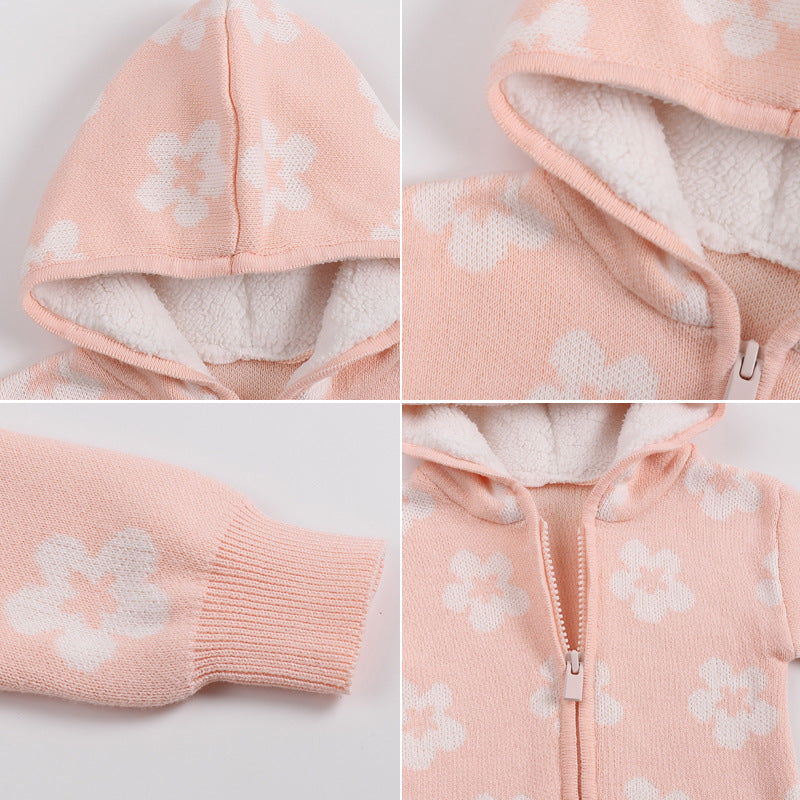 Hooded Knitted Baby All-in-One - Sherpa Lined Zip Up Romper with Ears, 0 to 24 Months
