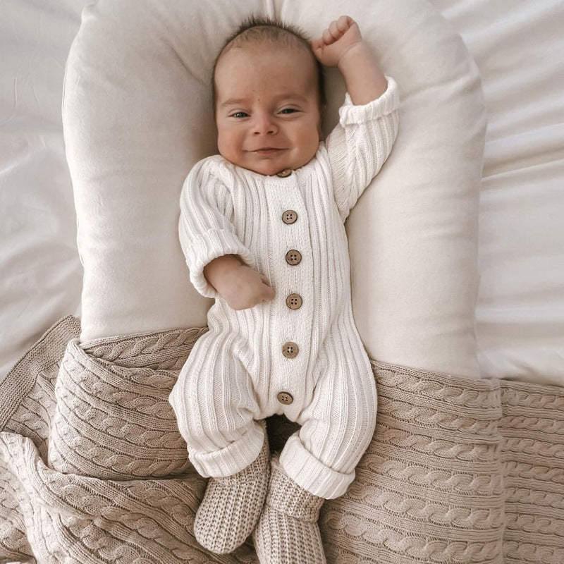 Ribbed Knit Baby All-in-One - Cream Cotton Blend Button Front Romper, 0 to 24 Months
