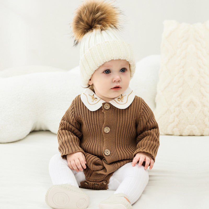 Knitted Baby Bodysuit - Long Sleeve Short Leg Cotton Romper, 0 to 24 Months
