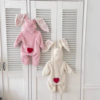 Fluffy hooded bunny baby romper with long heart-patterned ears and front zip – view 2 of 9