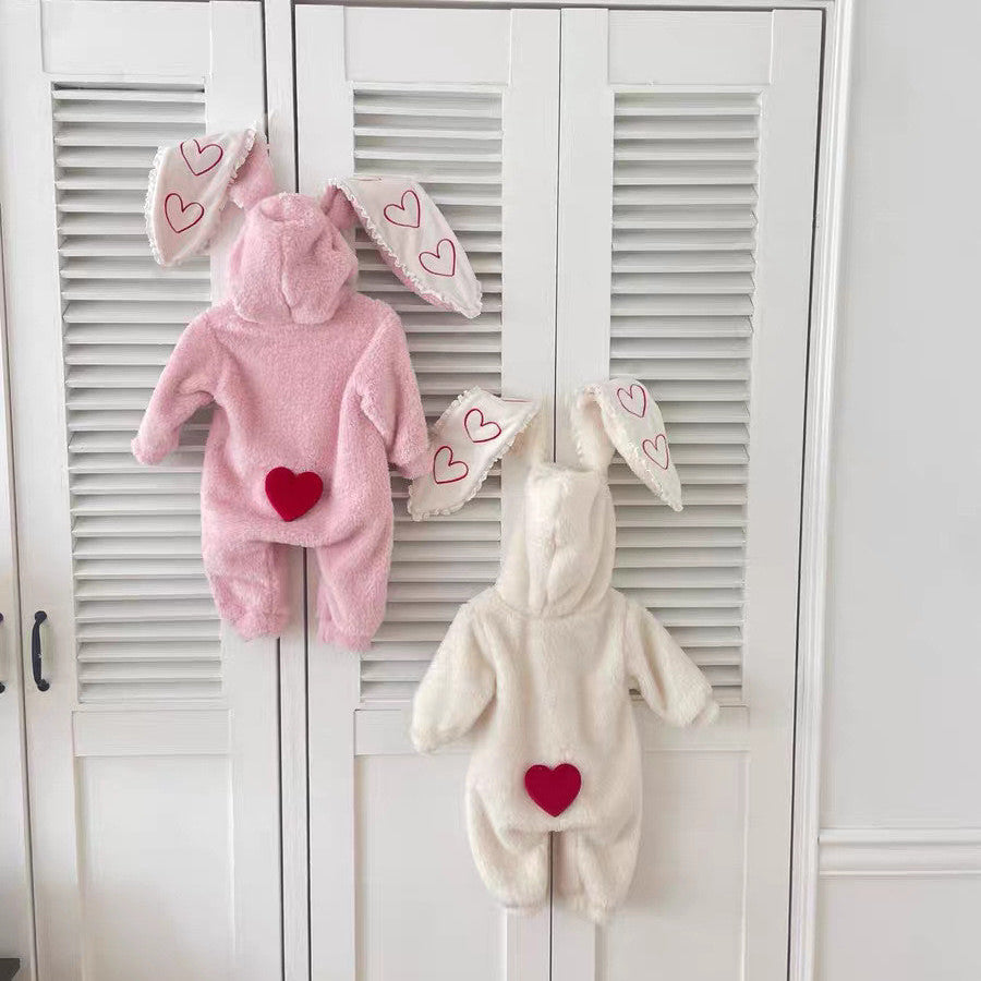 Fluffy hooded bunny baby romper with long heart-patterned ears and front zip – view 2 of 9
