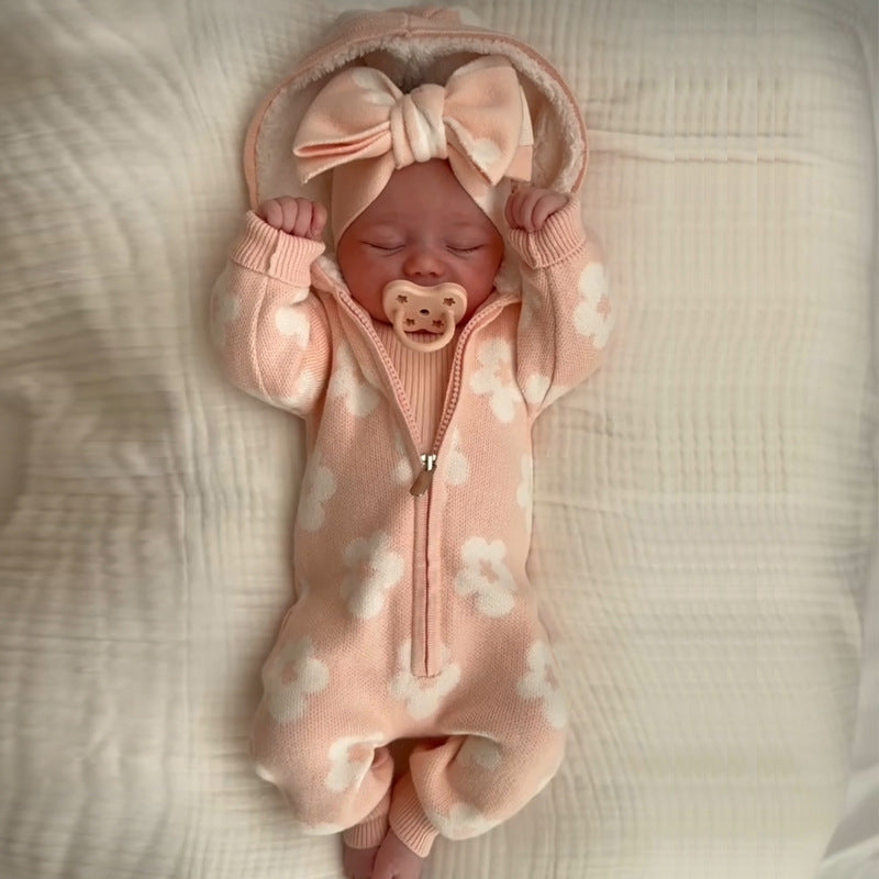 Hooded Knitted Baby All-in-One - Sherpa Lined Zip Up Romper with Ears, 0 to 24 Months