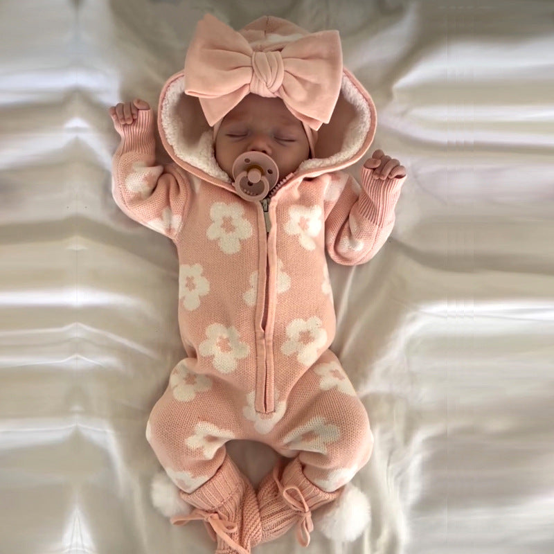 Hooded Knitted Baby All-in-One - Sherpa Lined Zip Up Romper with Ears, 0 to 24 Months