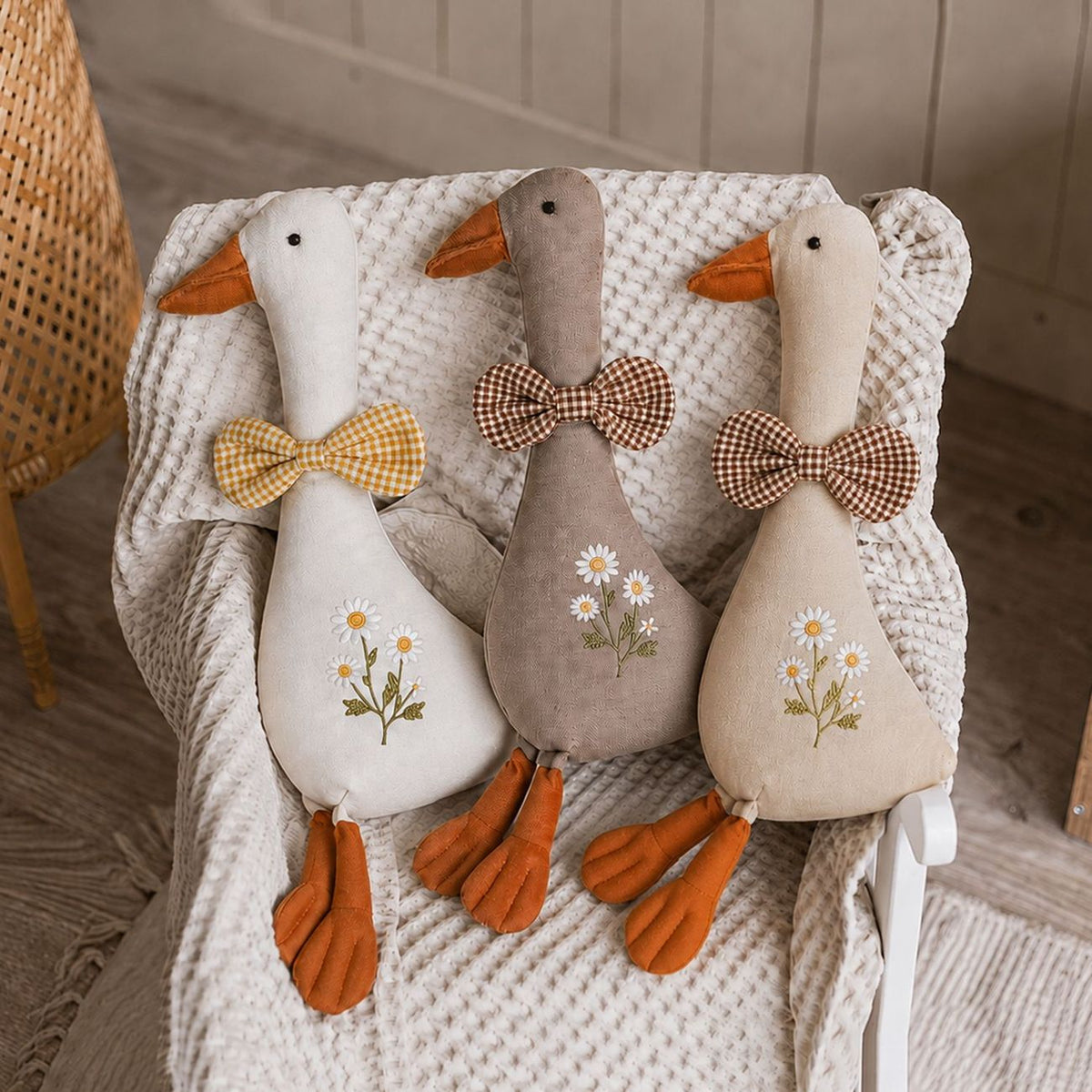 Polyester Goose Soft Toy - Embroidered Daisies and Gingham Bow, 32cm, 0 to 3 Years