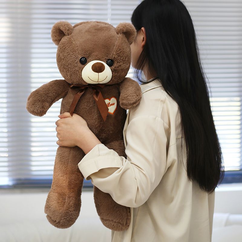 Large 80cm teddy bear with cream muzzle, brown neck ribbon and Love heart chest patch – Chocolate, 80cm
