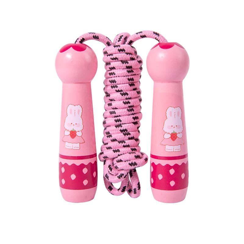 Wooden Skipping Rope – Strawberry Rabbit Design, Pink Handles, Cotton Rope, Adjustable 2.7 m, Ages 3+