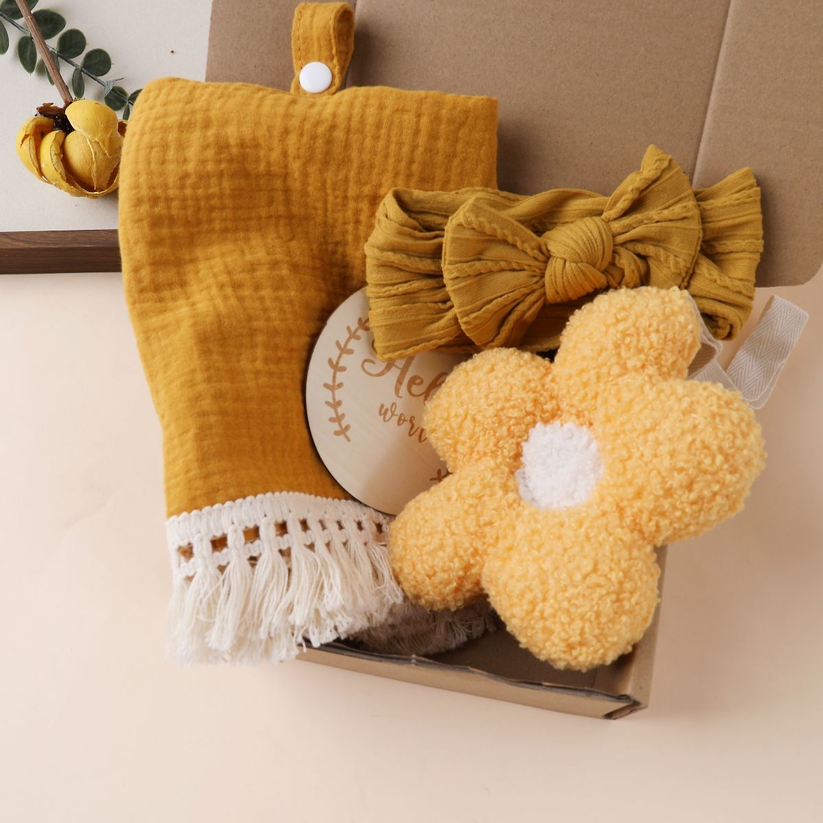 Boxed baby gift set with tassel-trim comforter, accessories and announcement plaque – view 6 of 14