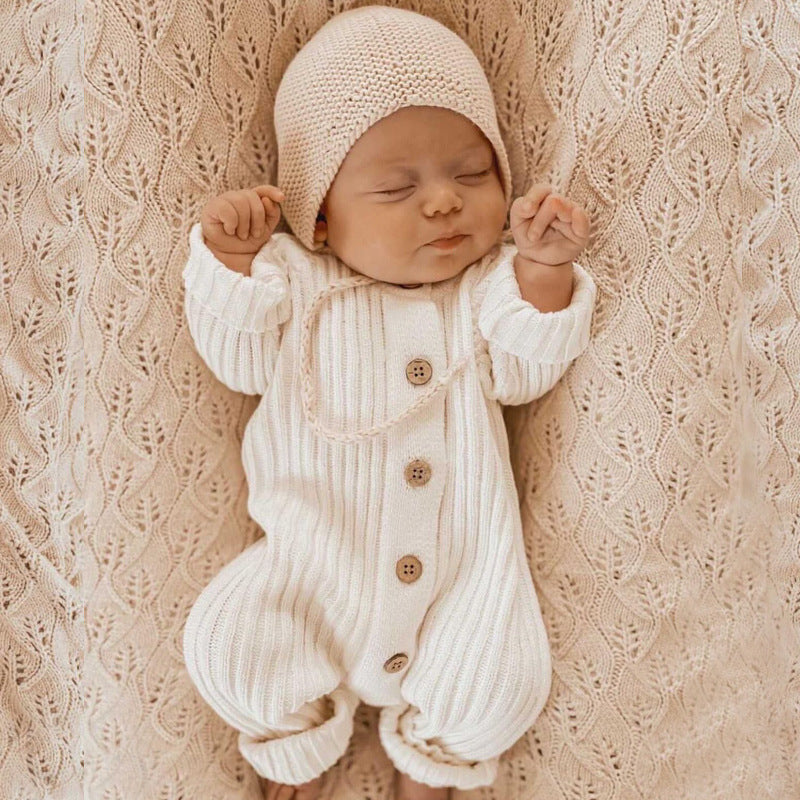 Ribbed Knit Baby All-in-One - Cream Cotton Blend Button Front Romper, 0 to 24 Months