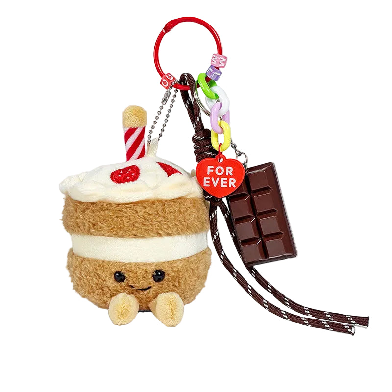 Plush Cake Bag Charm, Smiling Layer Cake Keyring, 16 cm, Five Versions, close-up detail