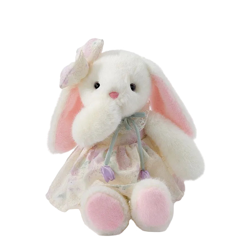 White long-eared bunny soft toy in a patterned dress with lace collar and ear bow – Dreamy Purple, 40cm