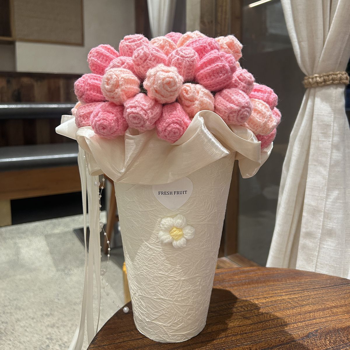Pink decorative flower bouquet in keepsake tub with blanket and greeting card – view 5 of 9