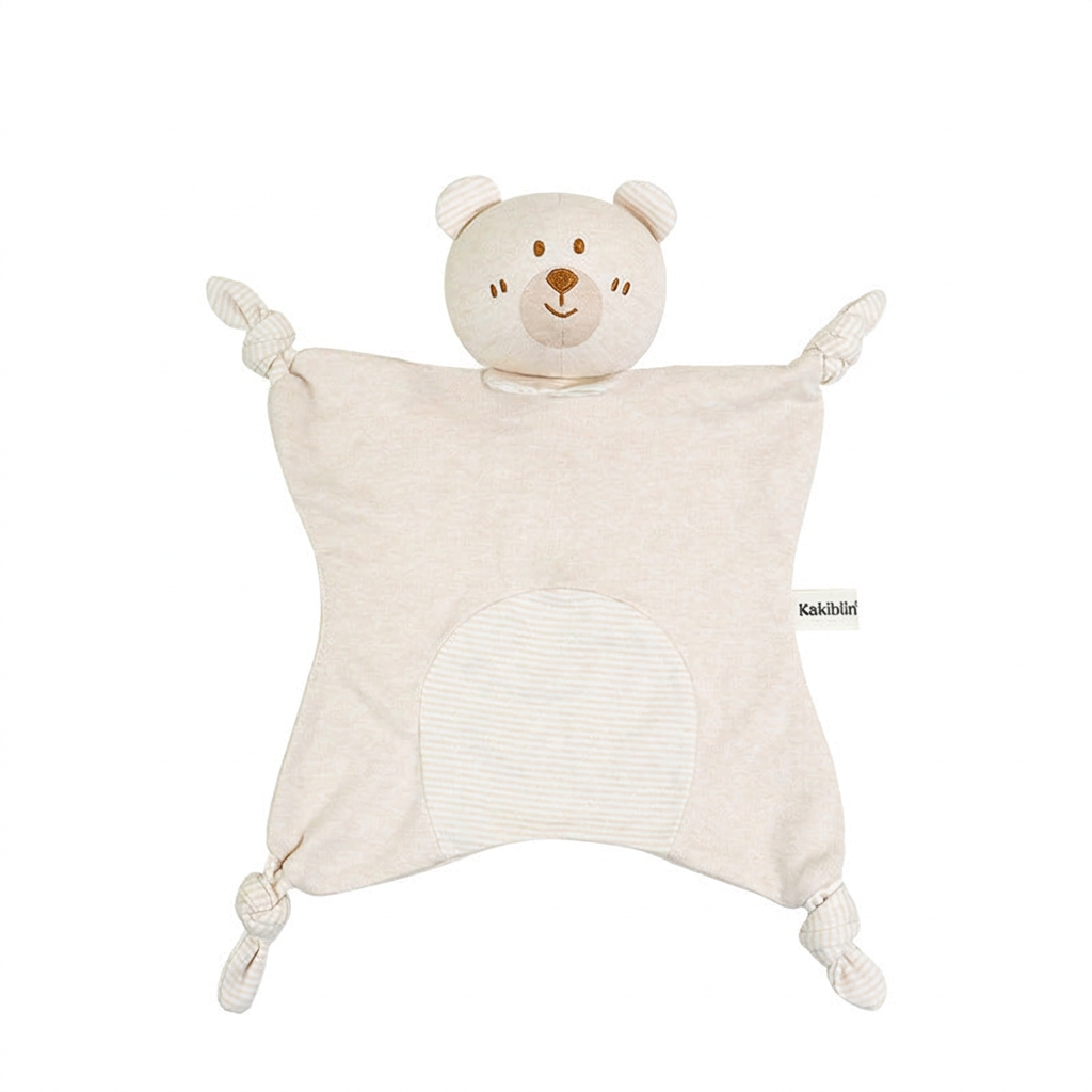 Cream fabric baby comforter with animal head, stitched face and knotted corners – Bear