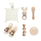 Baby milestone gift box with bunny comforter, crochet ring toy, socks and brush – White