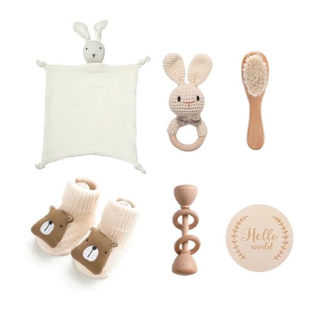 Baby milestone gift box with bunny comforter, crochet ring toy, socks and brush – White
