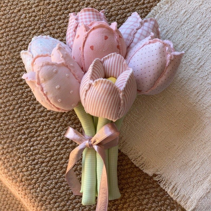 Pink handmade fabric tulip bouquet with seven patterned stems and pink ribbon – view 2 of 6