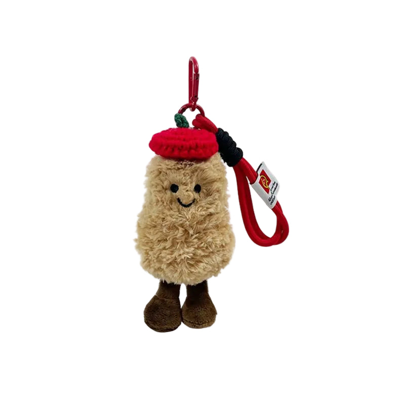 Plush Peanut Bag Charm, Smiling Peanut Keyring in a Knitted Beret, 20 cm, Three Beret Colours, side view