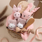 Baby milestone gift box with bunny comforter, crochet ring toy, socks and brush – view 2 of 15
