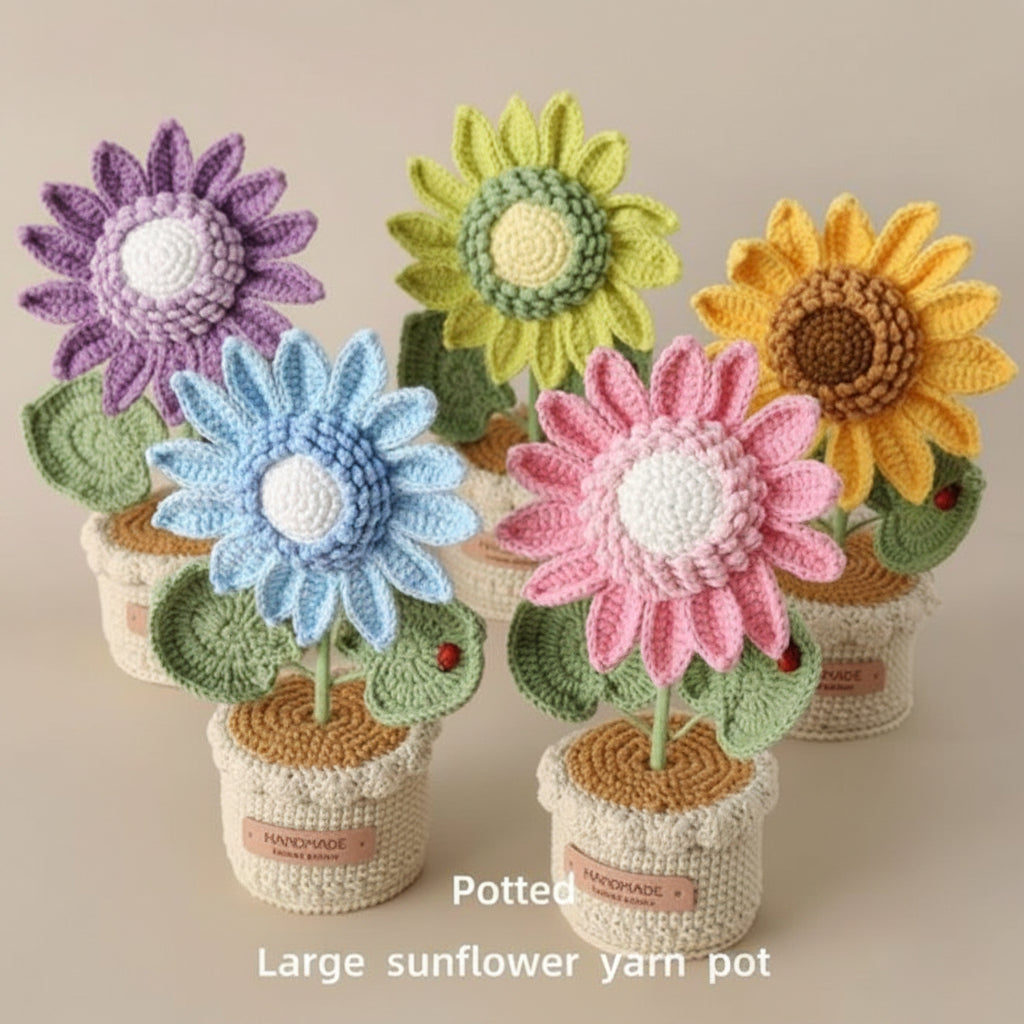 Handmade Crochet Potted Sunflower – Knitted Yarn Flower Decoration
