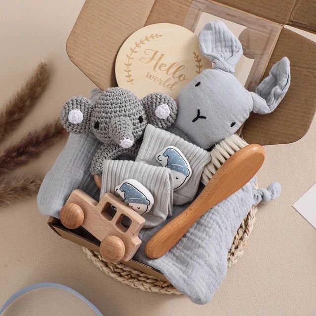 Baby milestone gift box with bunny comforter, crochet ring toy, socks and brush – view 3 of 15