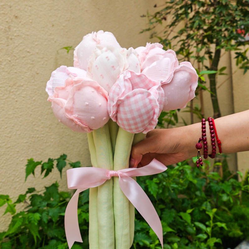 Pink handmade fabric tulip bouquet with seven patterned stems and pink ribbon – view 6 of 6