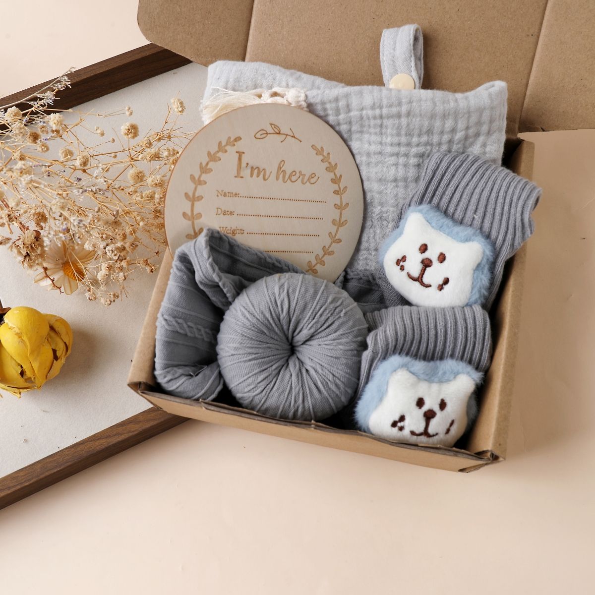 Boxed baby gift set with tassel-trim comforter, accessories and announcement plaque – view 5 of 14
