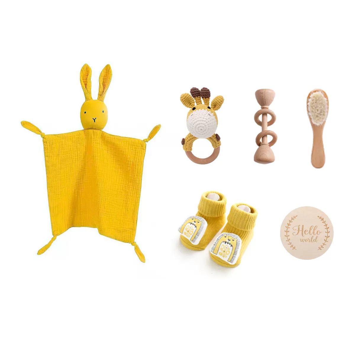 Baby milestone gift box with bunny comforter, crochet ring toy, socks and brush – Yellow