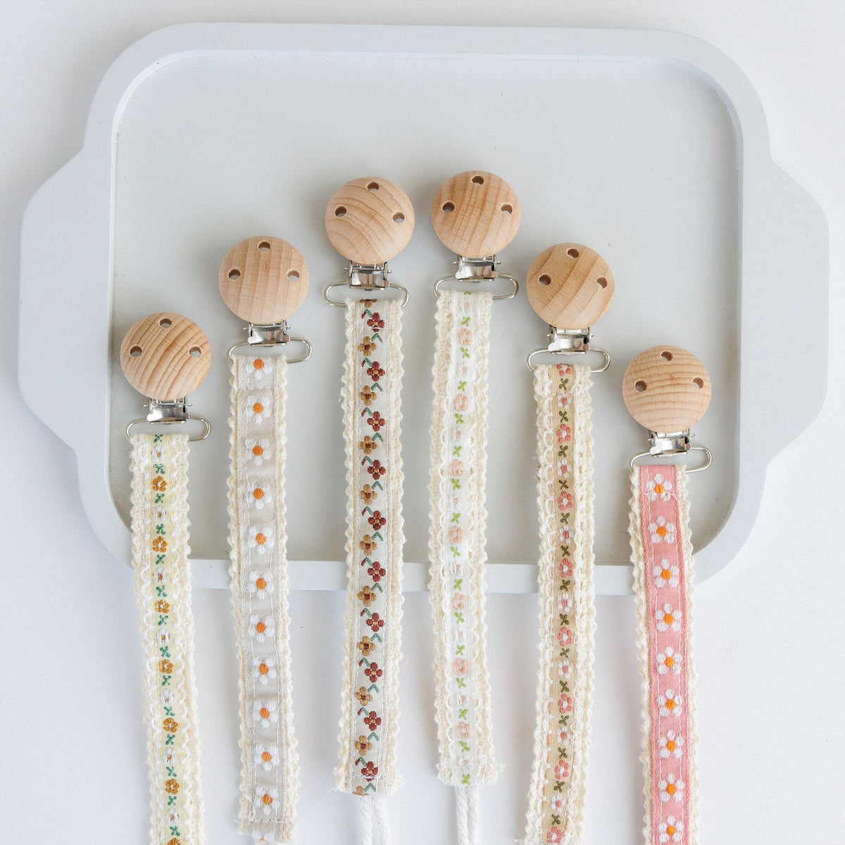 Floral Ribbon Dummy Clip – Lace Edge Soother Holder with Beech Wood Clip | 28.5 cm | 7 Designs