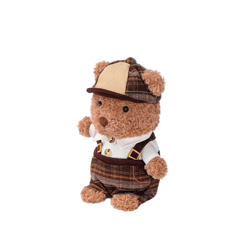 Teddy Bear Plush Toy in Vintage Outfit – Soft Stuffed Bear Doll with Cap & Suspenders | 18 cm