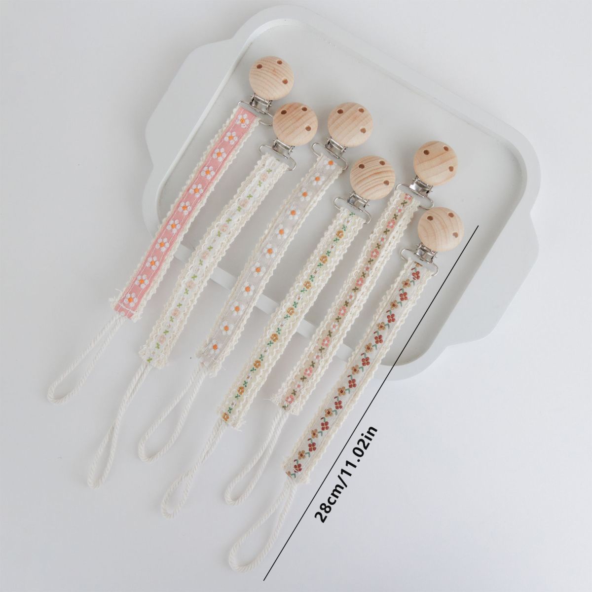 Floral Ribbon Dummy Clip – Lace Edge Soother Holder with Beech Wood Clip | 28.5 cm | 7 Designs