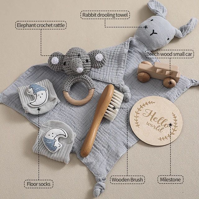 Baby milestone gift box with bunny comforter, crochet ring toy, socks and brush – view 6 of 15