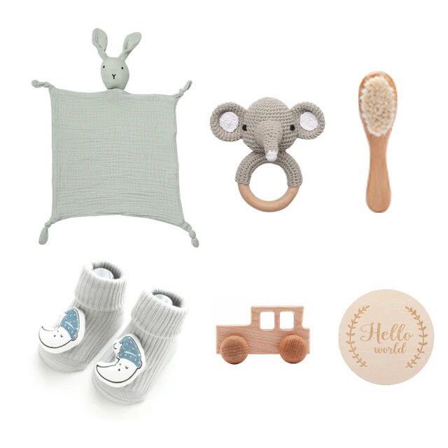 Baby milestone gift box with bunny comforter, crochet ring toy, socks and brush – Grey
